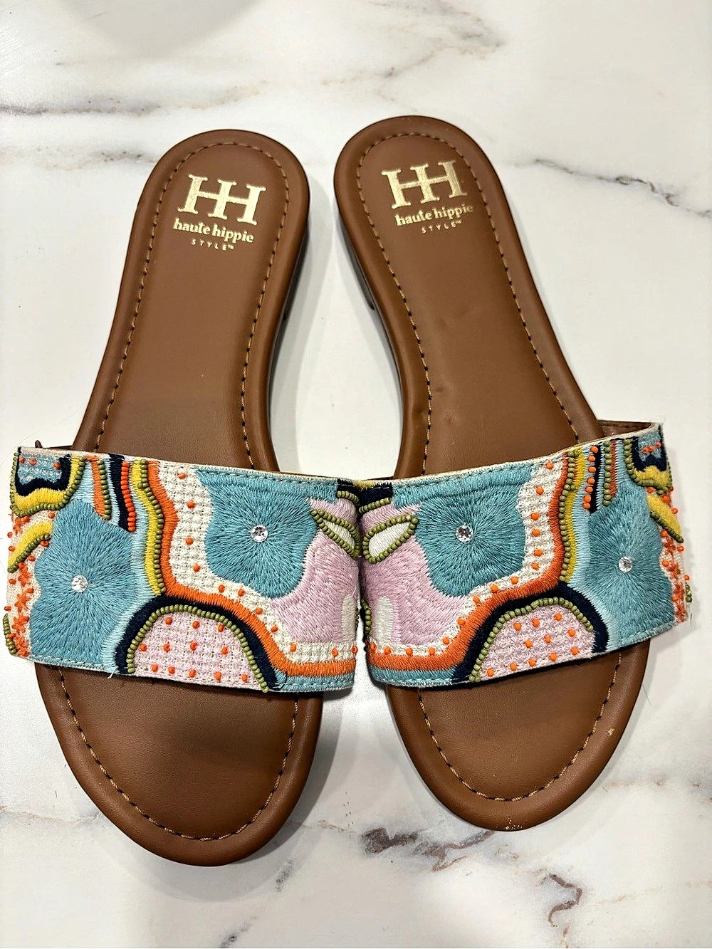haute hippie Embroidered Slide Sandals in Blue & Multicolor US 9